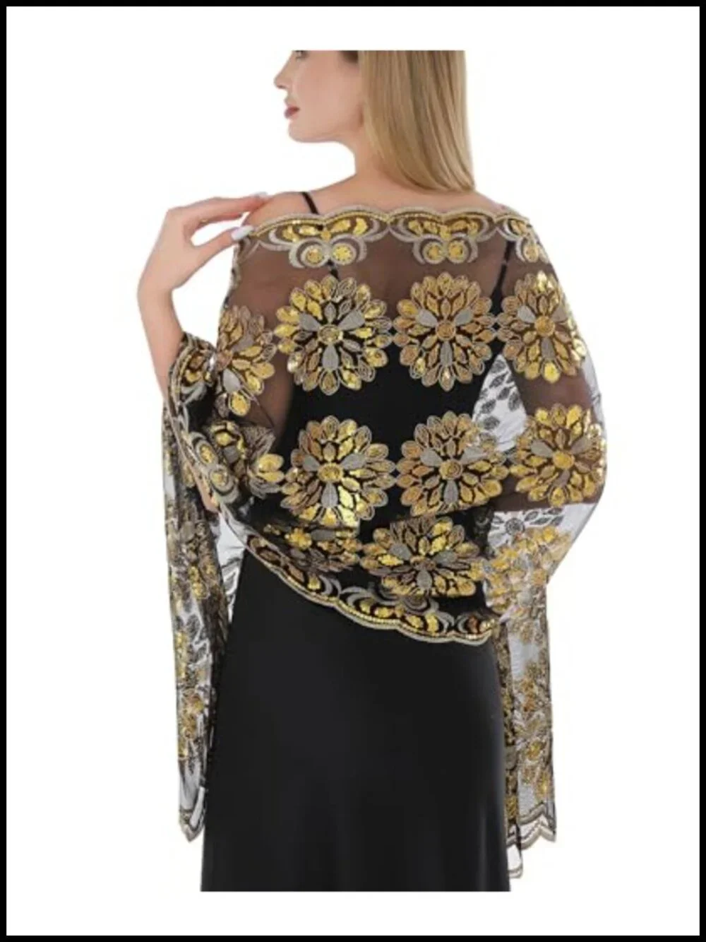 Sequin Floral Lace Sheer Chiffon Wrap Shawl for Evening Dress Wedding Party